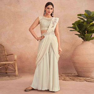 Cream Sequins Embroidered Ready to Wear Poly Satin Saree