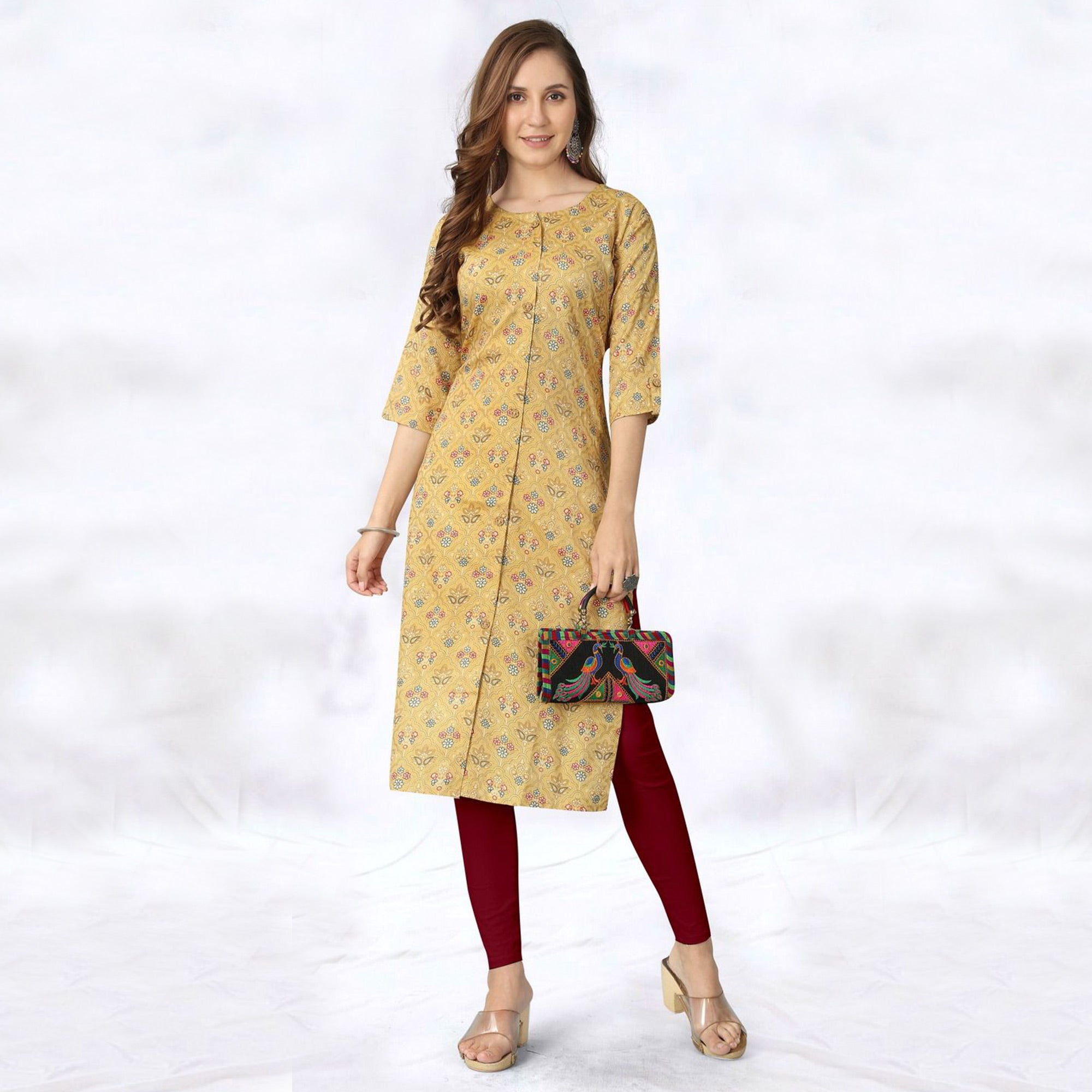 Yellow Foil Printed Rayon Kurti