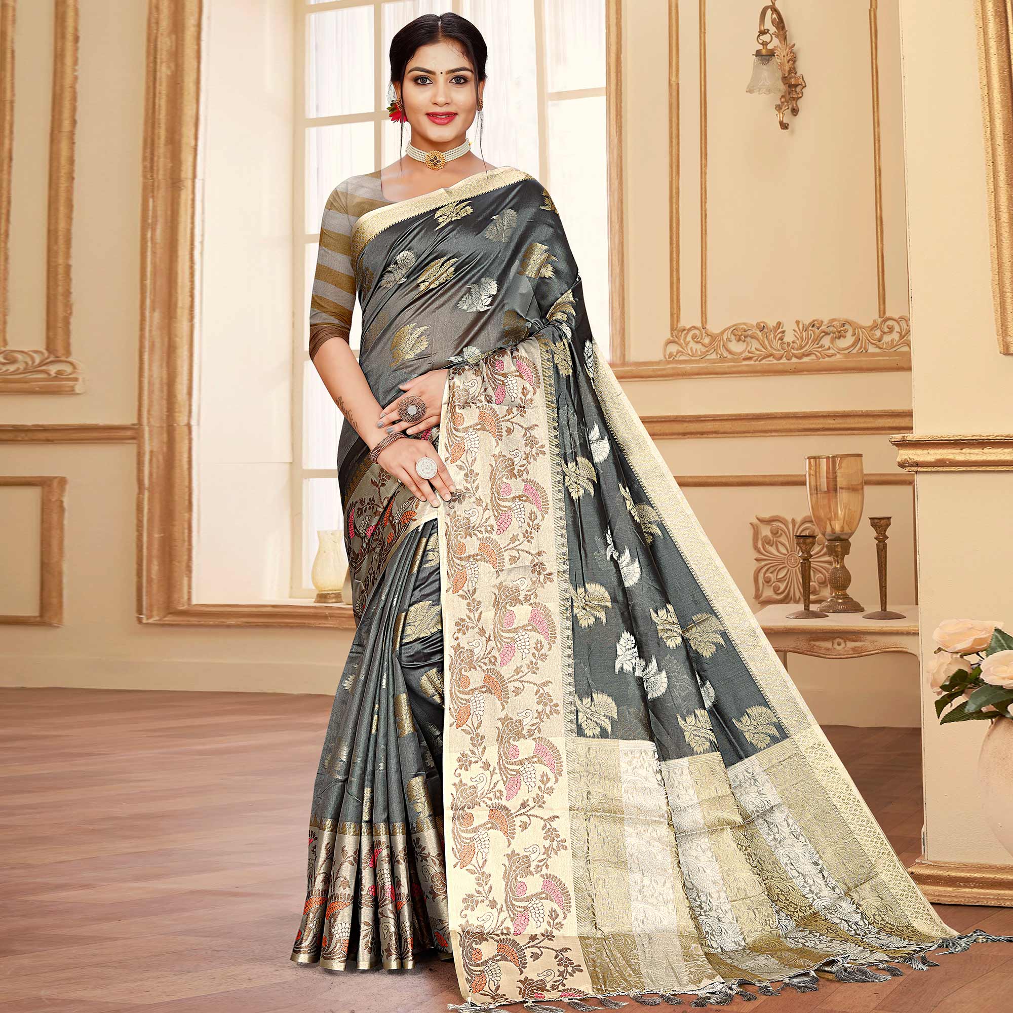 Grey Floral Woven Organza Saree With Tassels