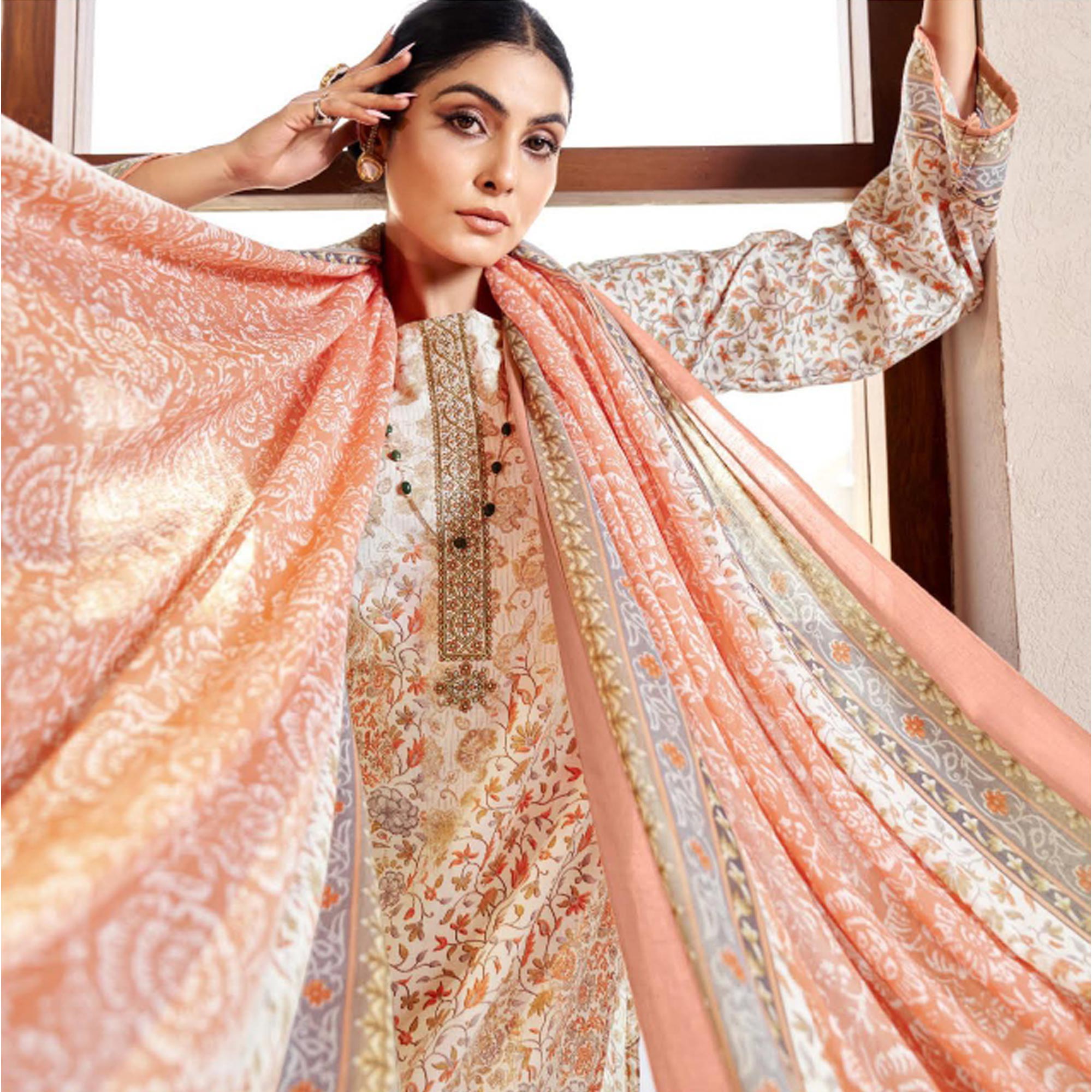 White & Peach Floral Print With Embroidered Pure Cotton Salwar Suit