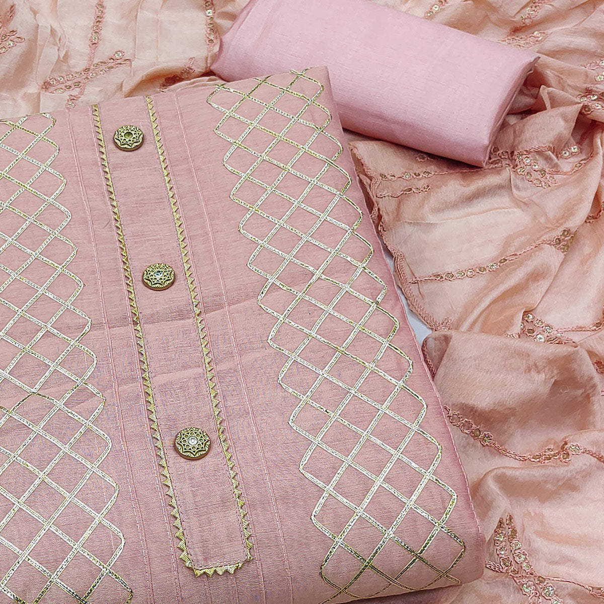 Pink Gota Work Chanderi Dress Material