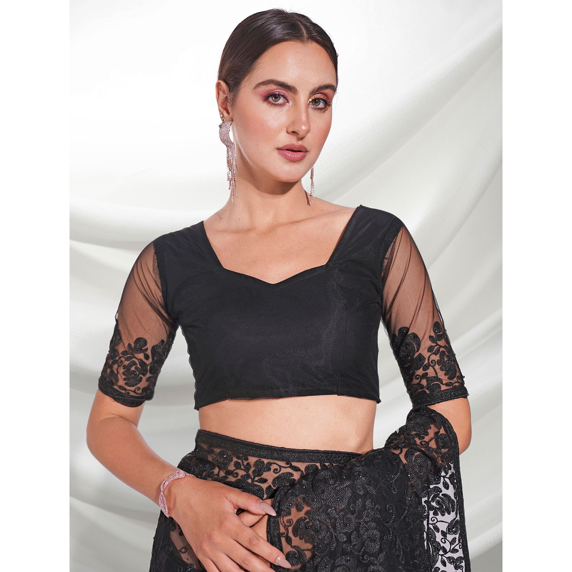 Black Floral Embroidered Net Saree