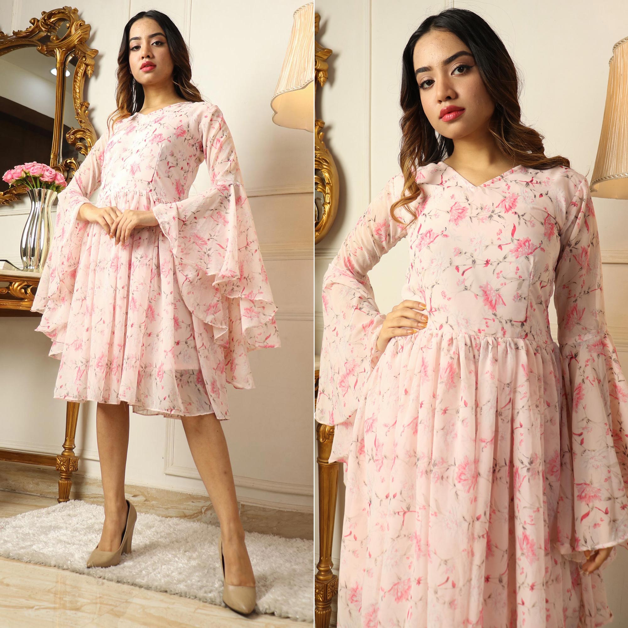 Light Pink Floral Printed Georgette Dress