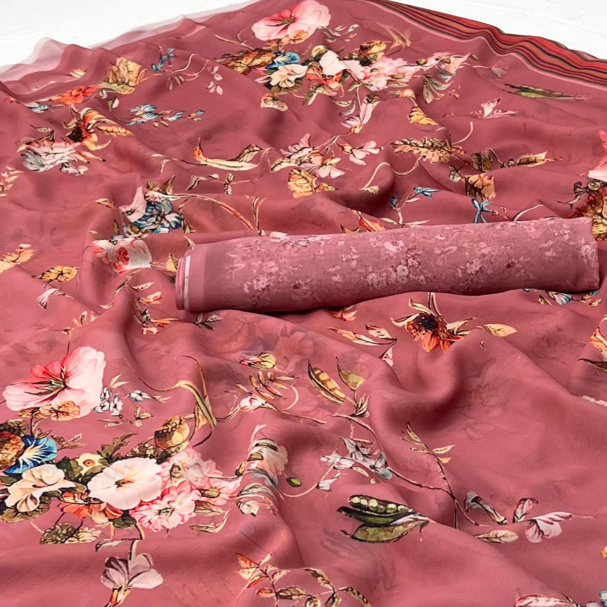 Light Salmon Pink Floral Digital Printed Georgette Saree