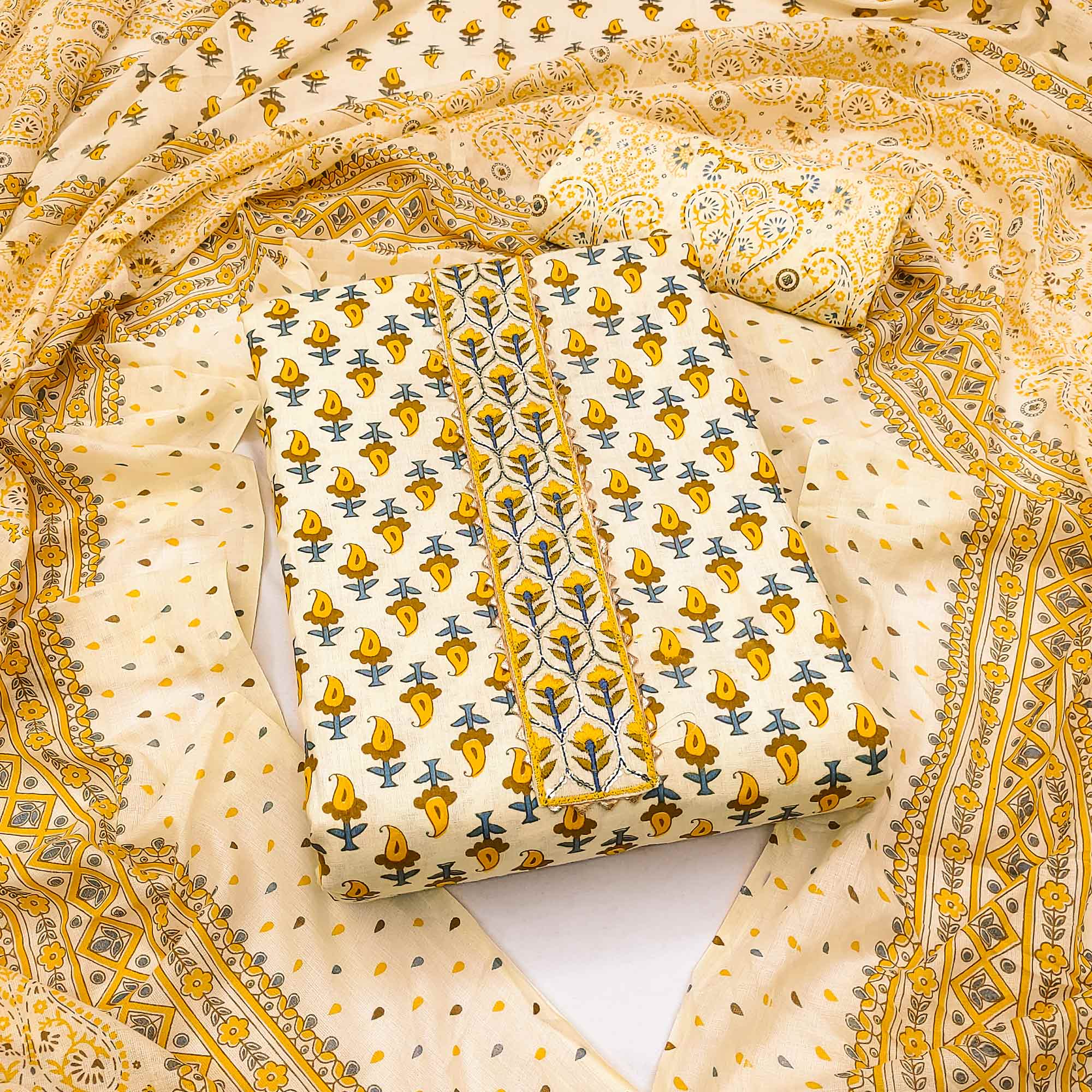 Yellow Printed Cotton Dress Material