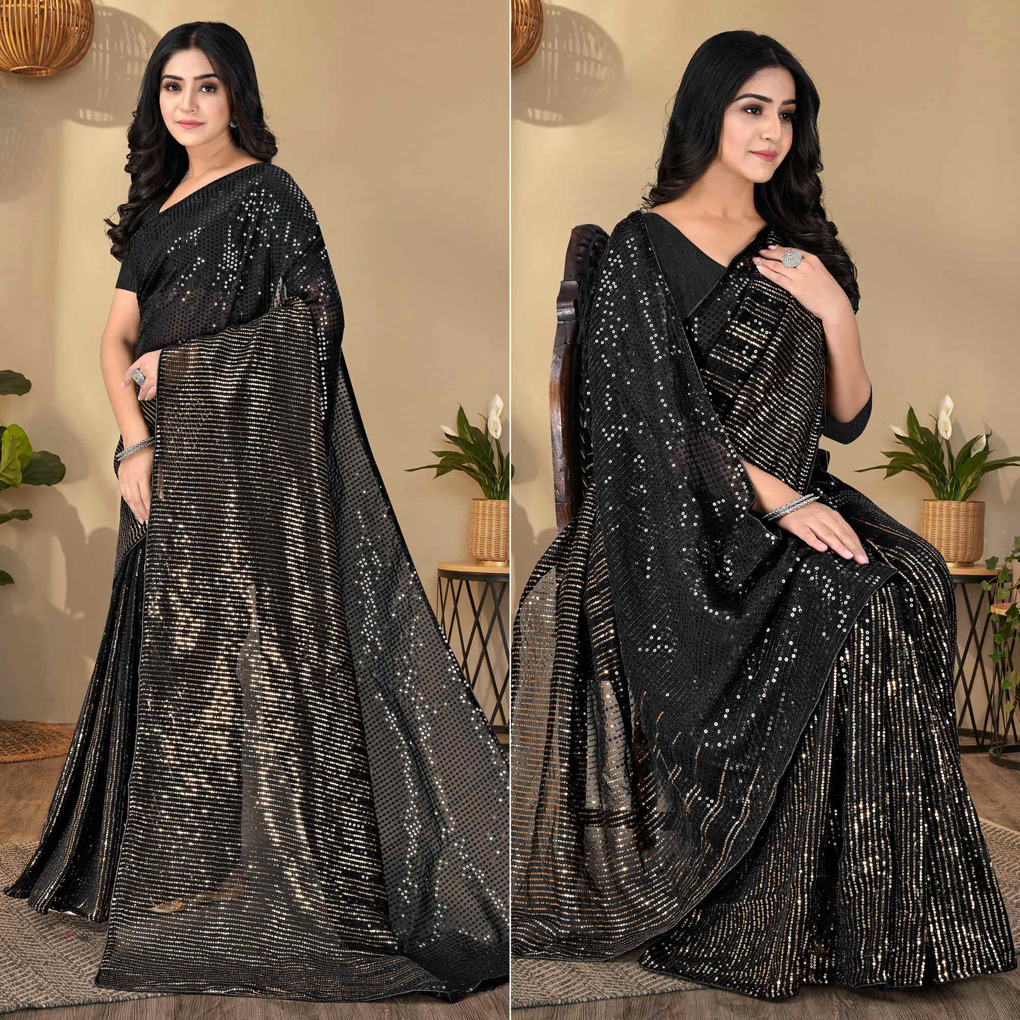 Black Sequins Embroidered Georgette Saree