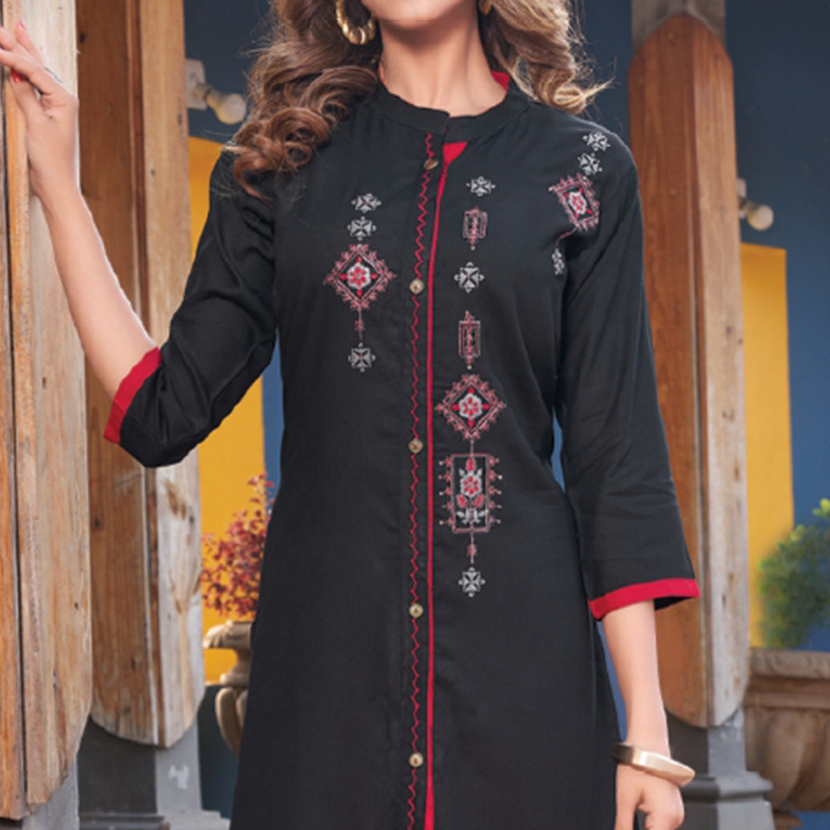 Black Embroidered Rayon Kurti