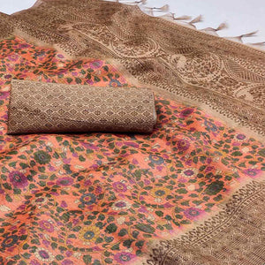 Peach Floral Printed Cotton Silk Saree With Tassels