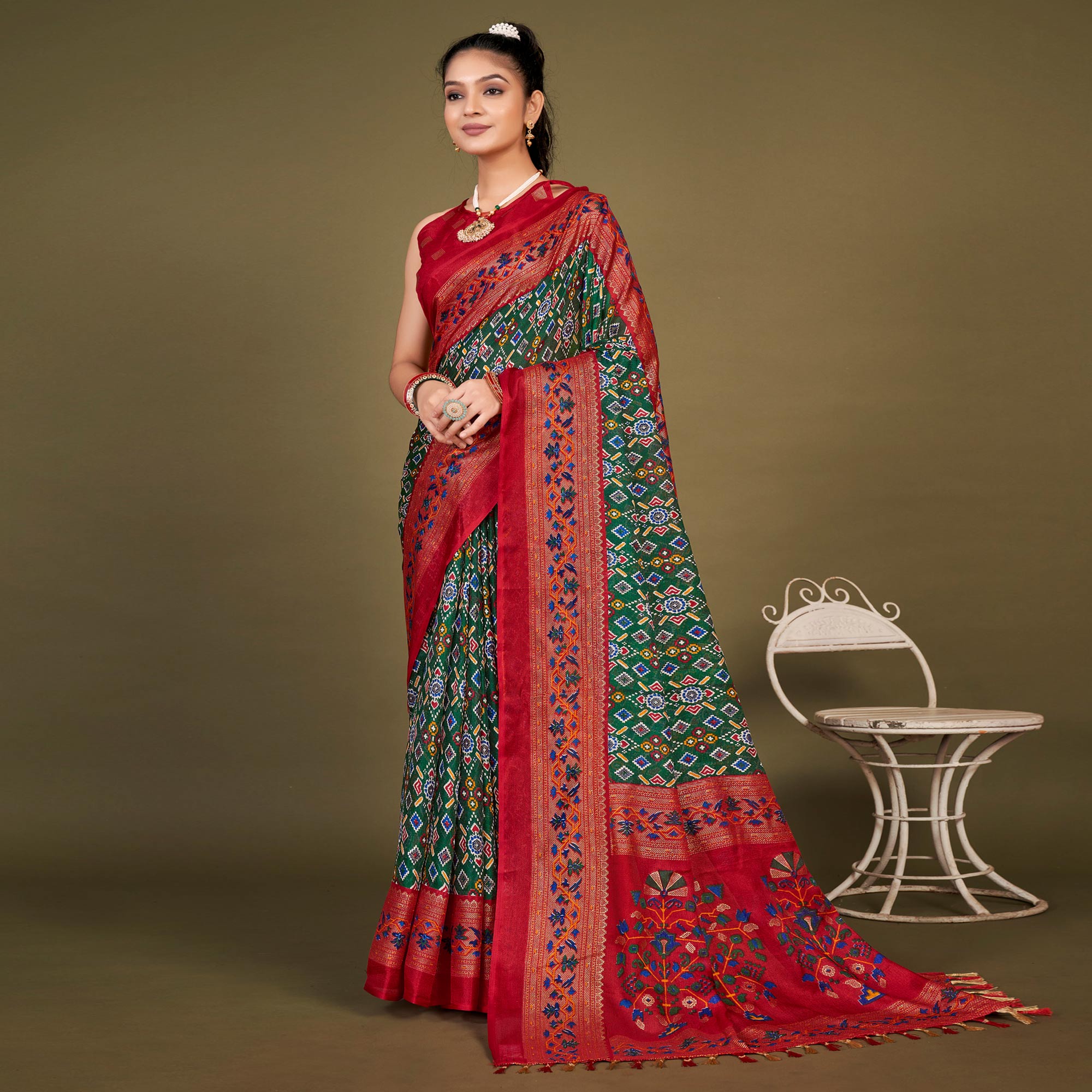 Green Printed Jute Patola Saree With Tassels