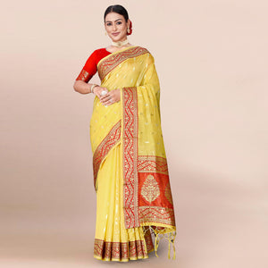 Yellow Woven Organza Saree With Tassels