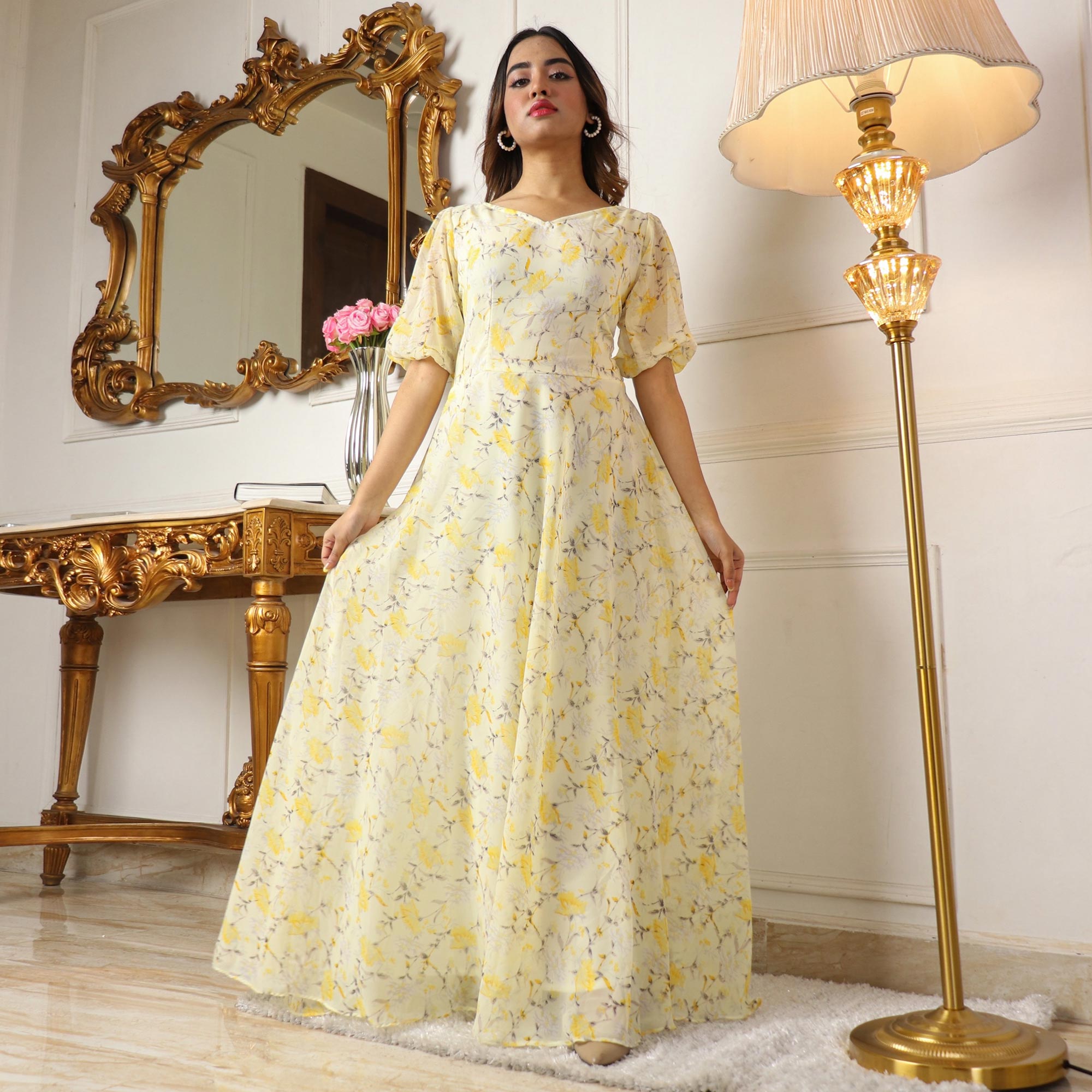 Light Lemon Yellow Floral Printed Georgette Gown