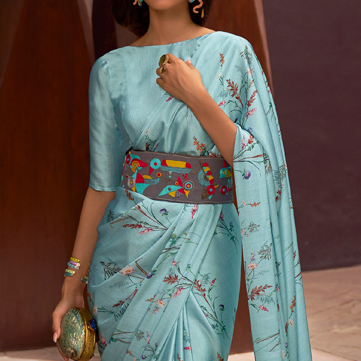 Blue Floral Digital Printed Satin Saree