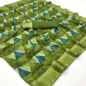Pista Green Geometric Printed Georgette Saree