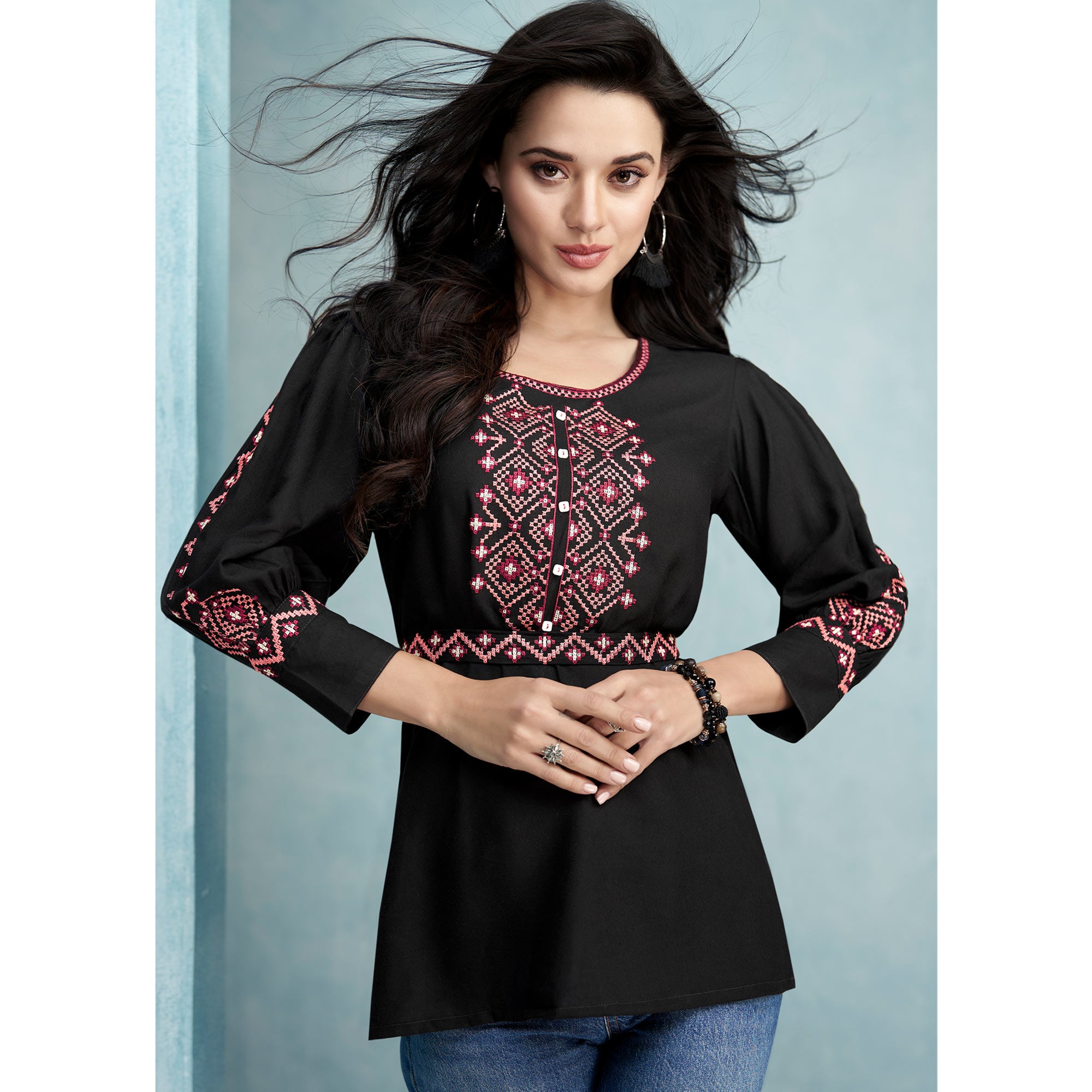 Black Floral Embroidered Rayon Top
