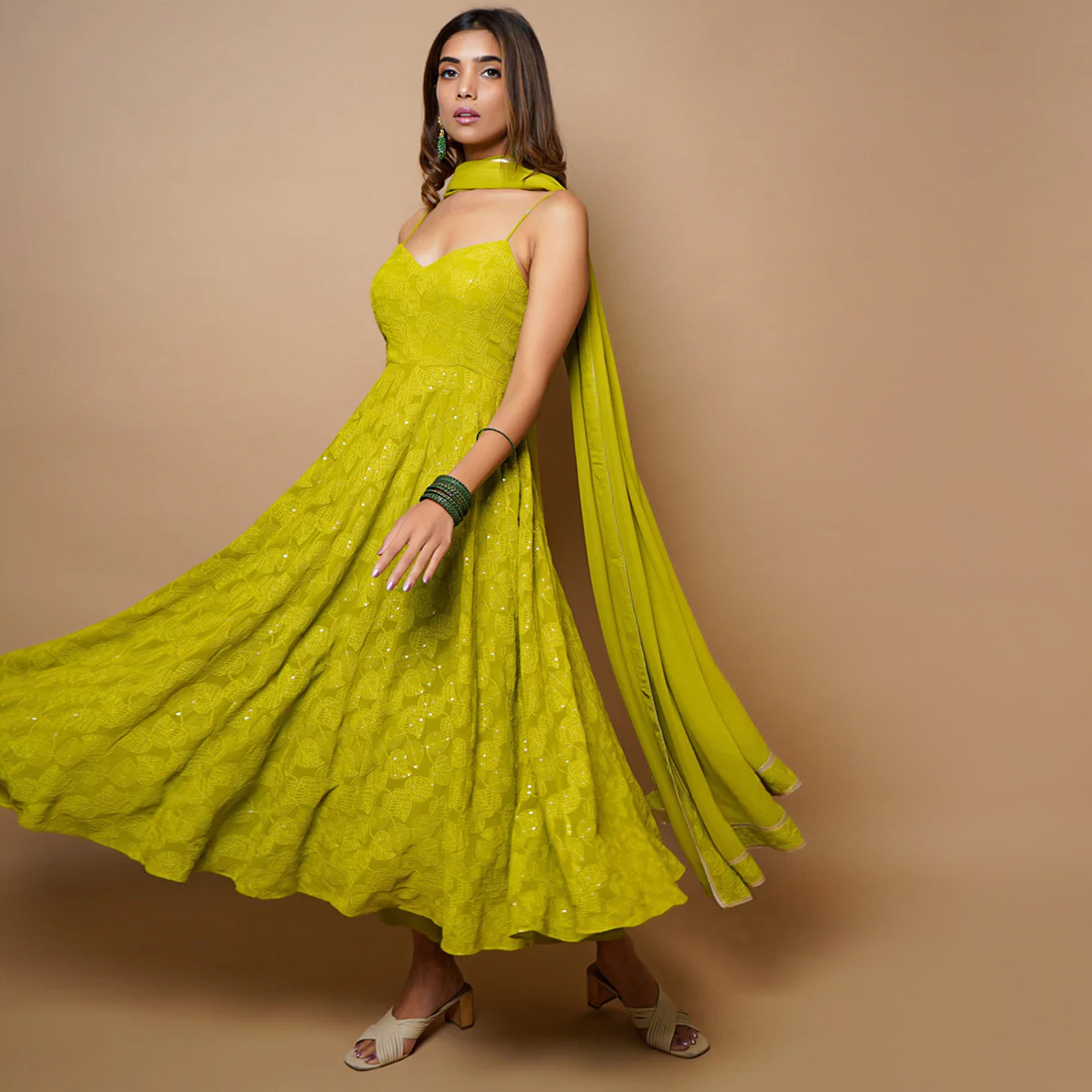 Green Lucknowi Chikankari Work Georgette Anarkali Suit