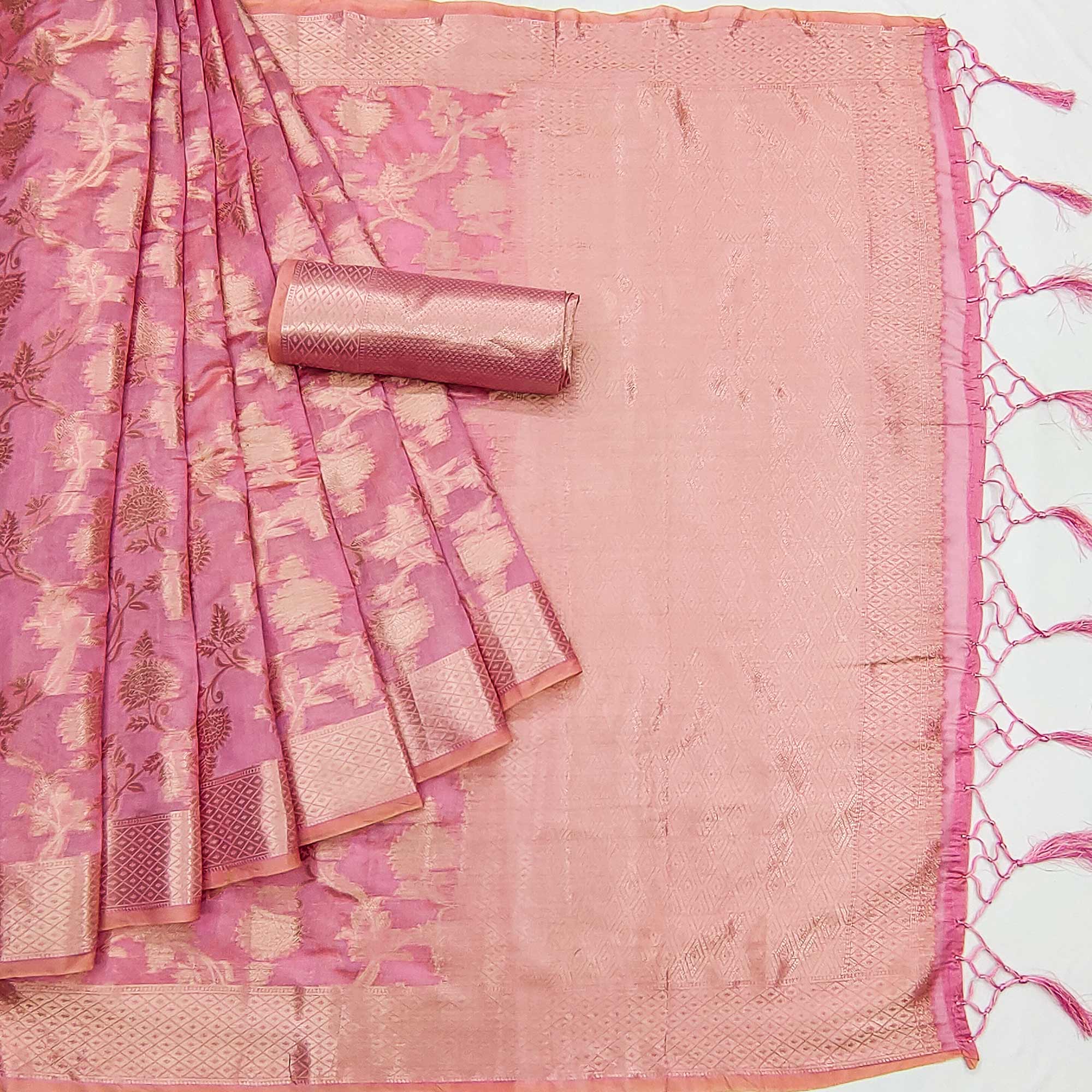 Pink Floral Woven Organza Saree
