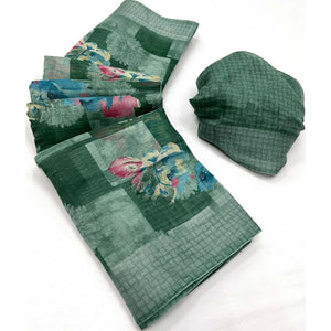 Green Floral Printed Linen Saree