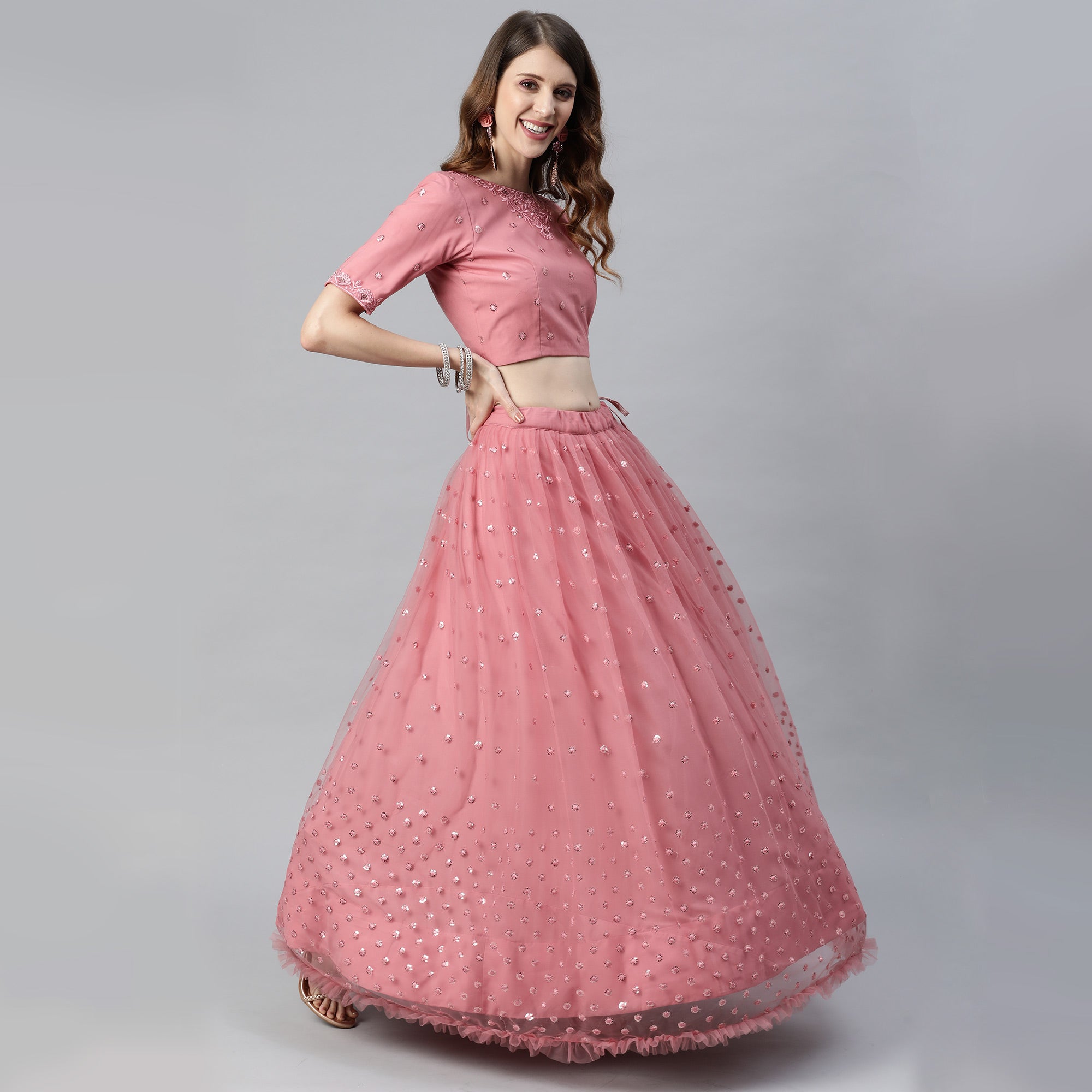 Pink Sequins Embroidered Net Lehenga Choli
