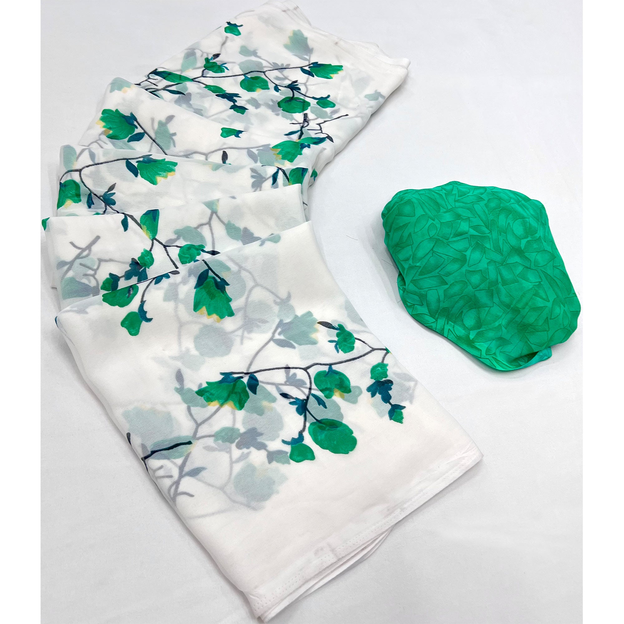 White Green Floral Printed Georgette Saree
