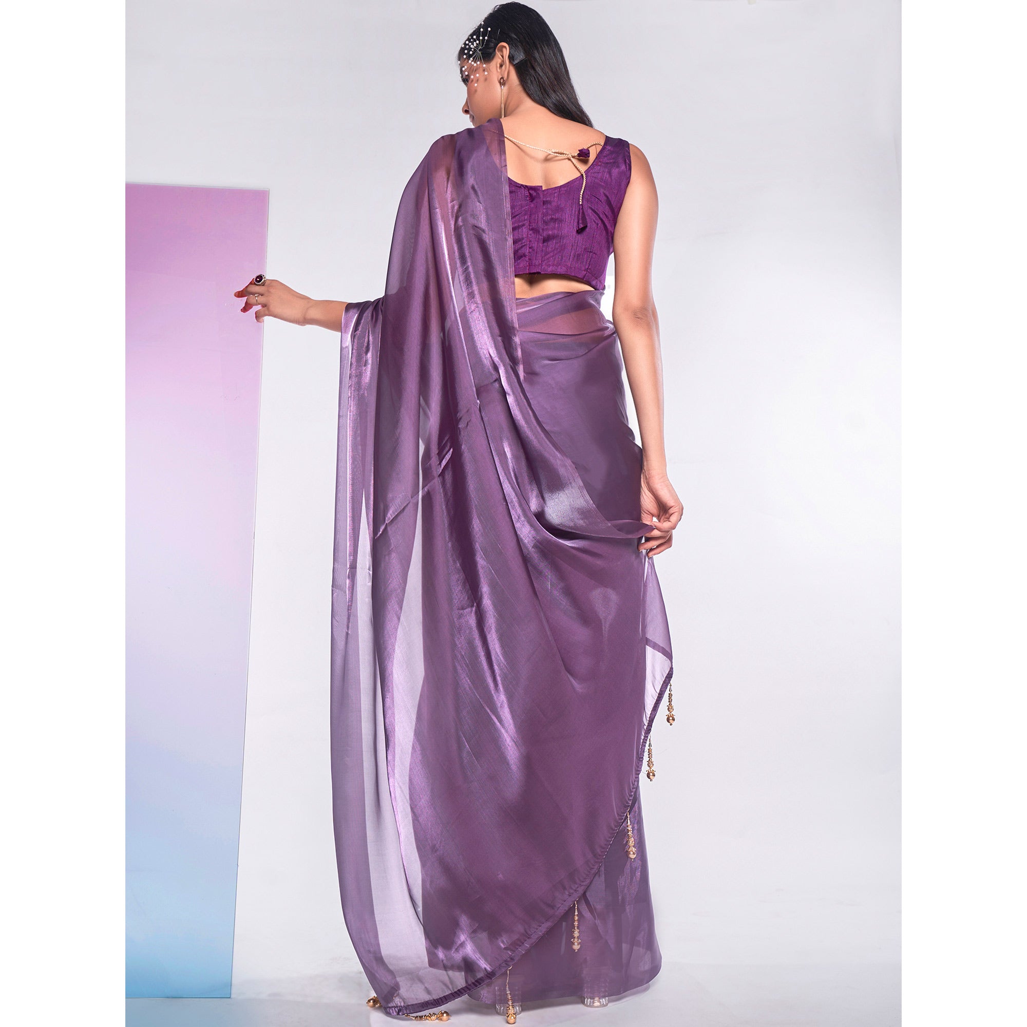 Vilote Solid Organza Saree With Tassels