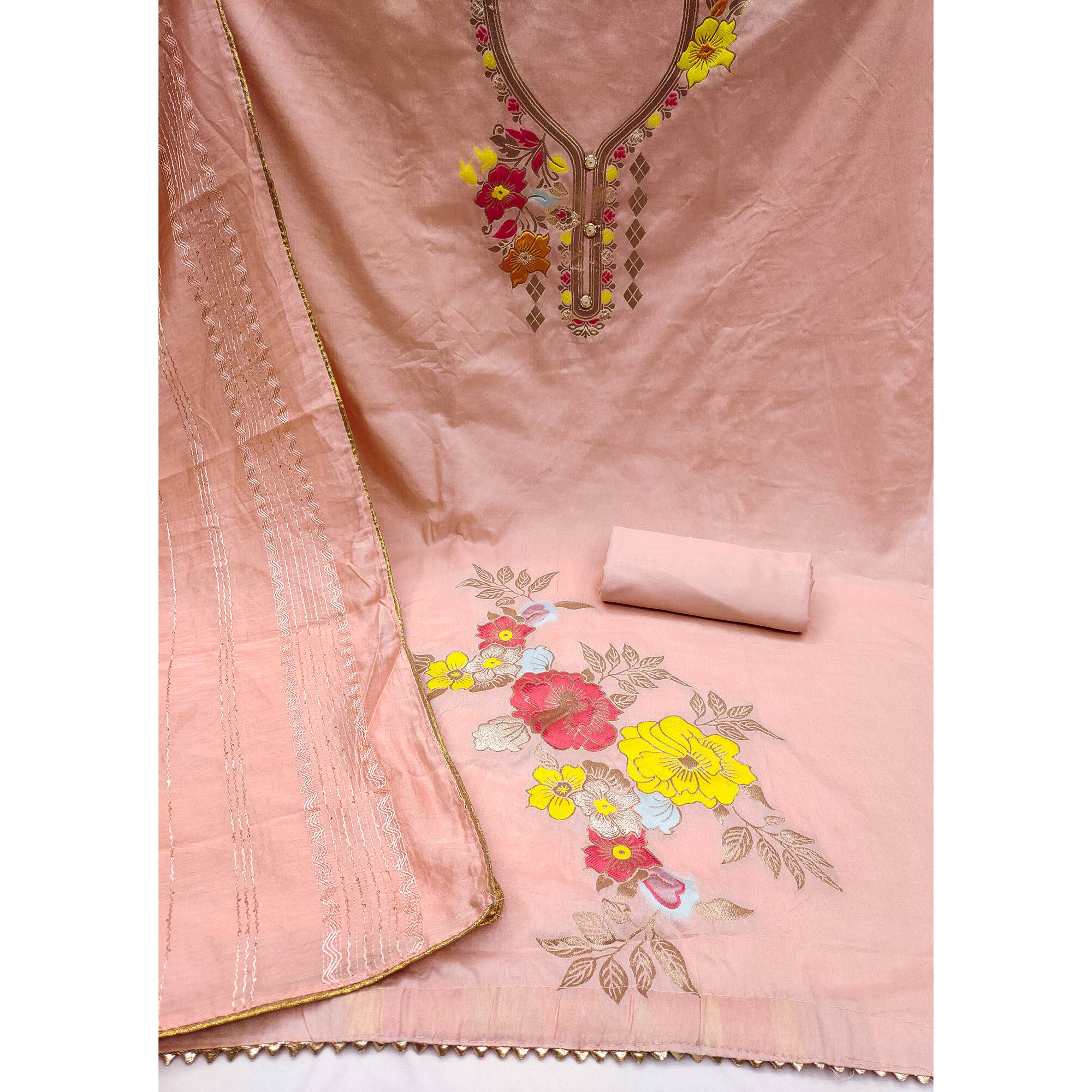 Peach Floral Woven Banarasi Silk Dress Material