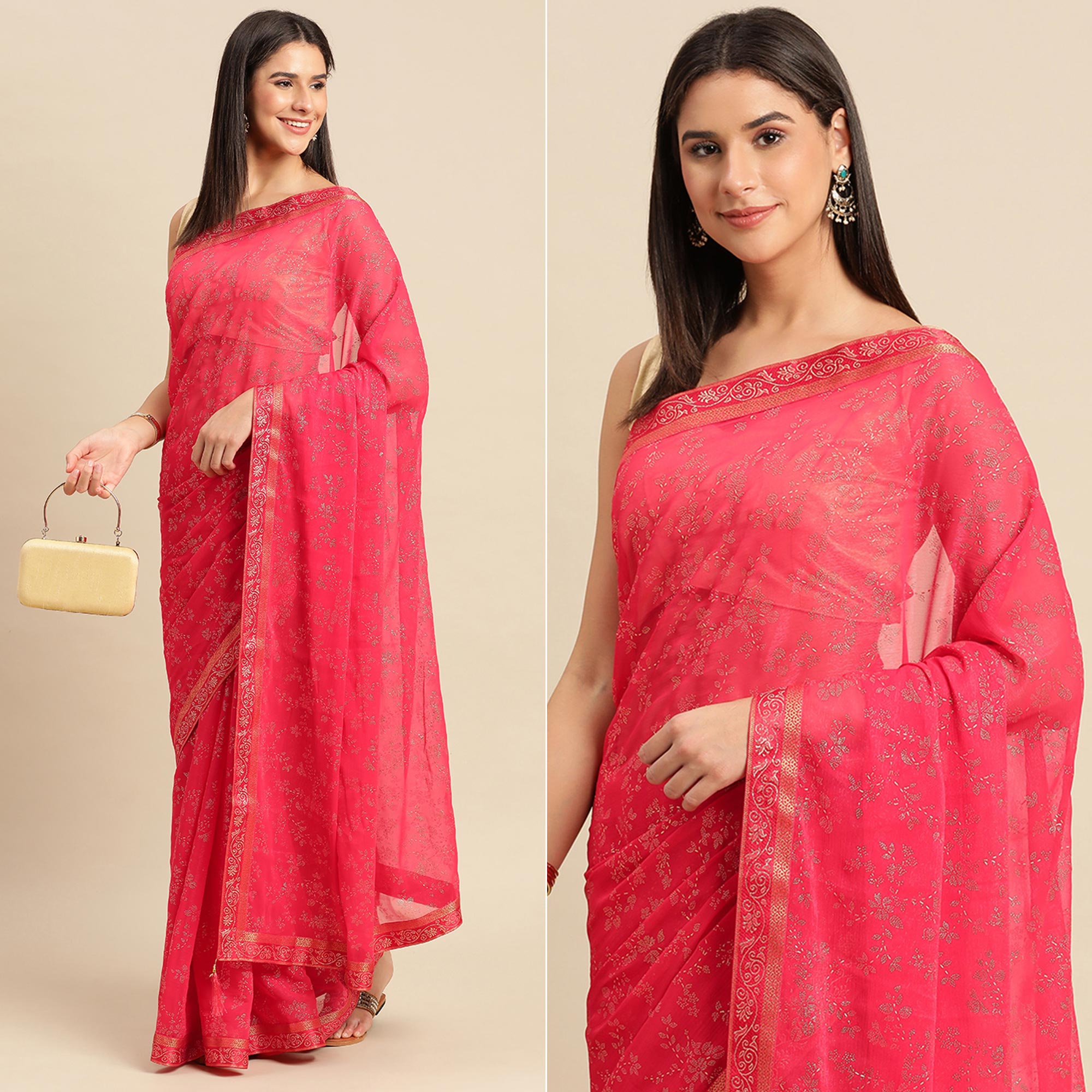 Pink Floral Foil Printed Shimmer Saree