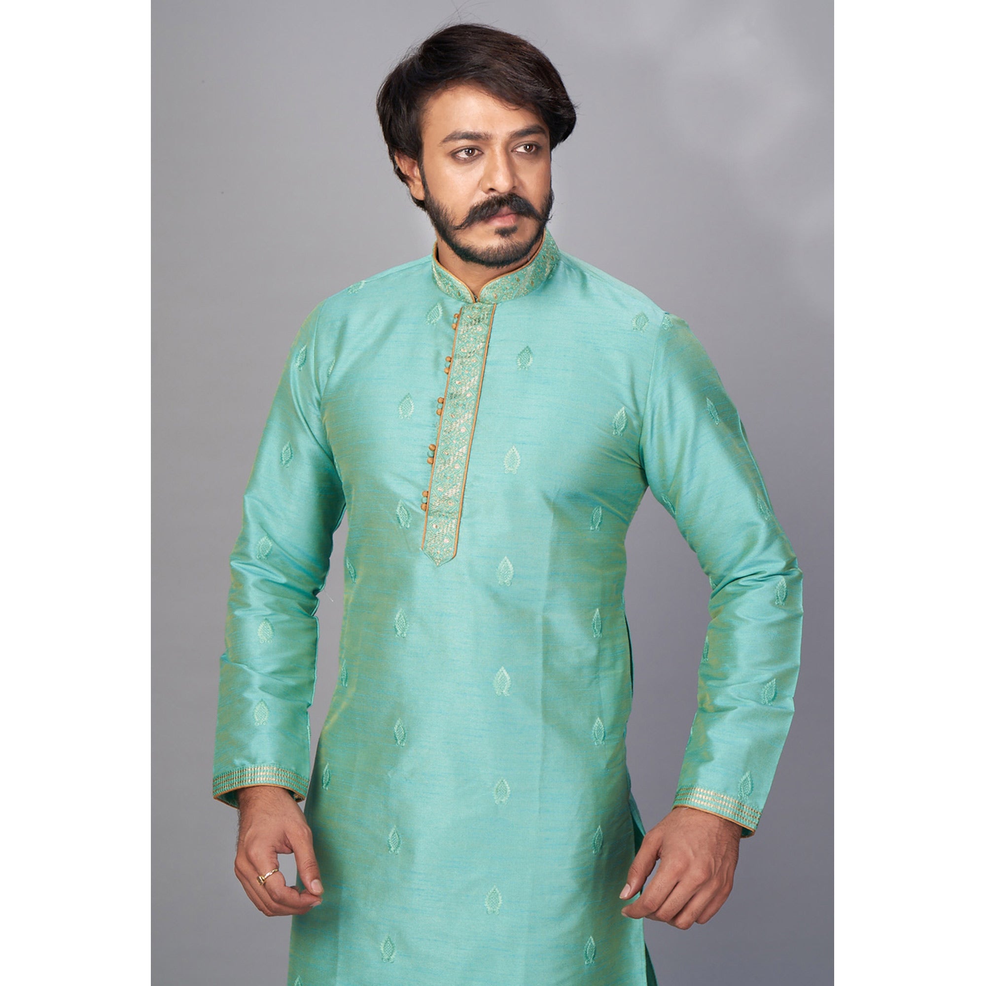 Green Embroidered Jacquard Kurta Pyjama Set