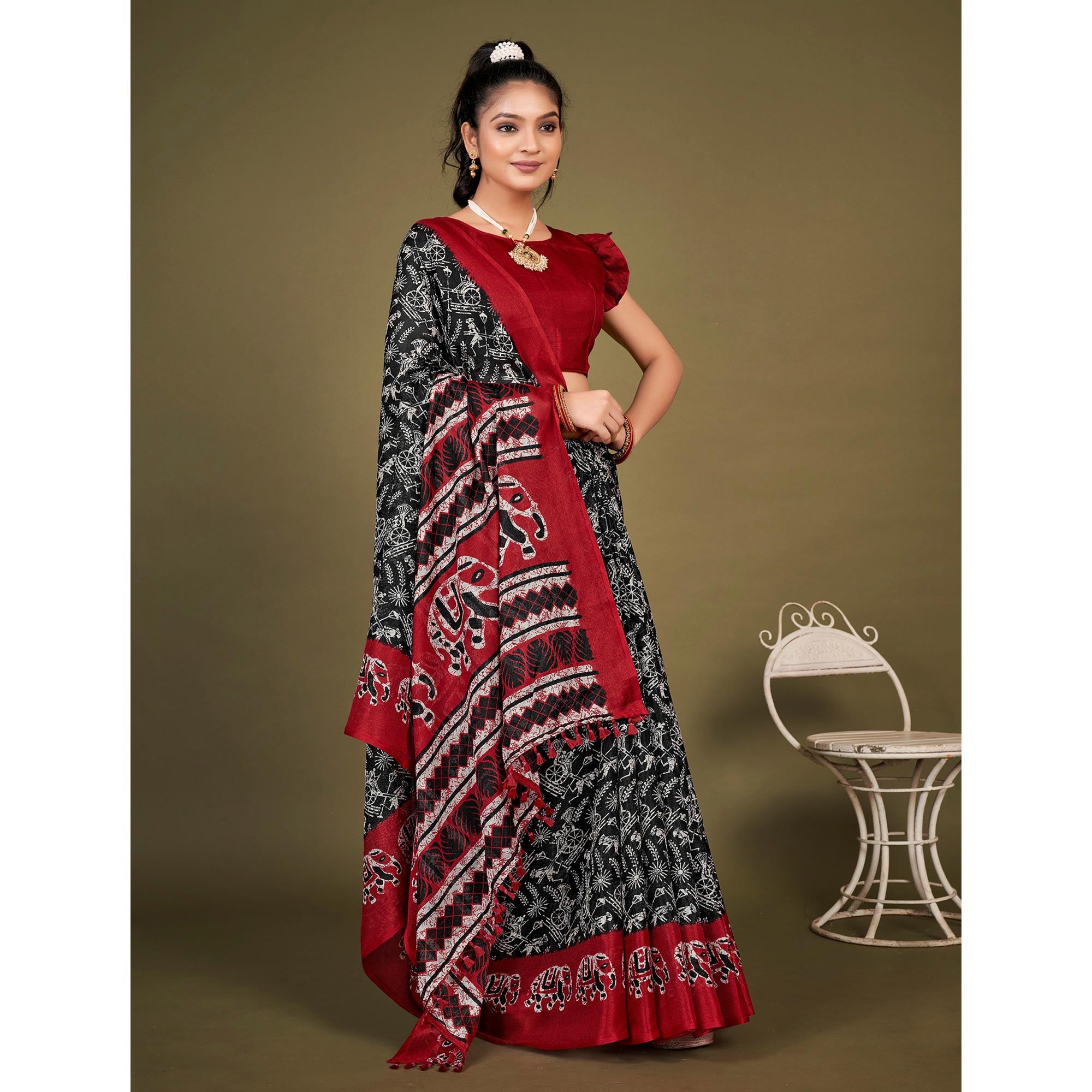 Black Printed Jute Saree With Tassels