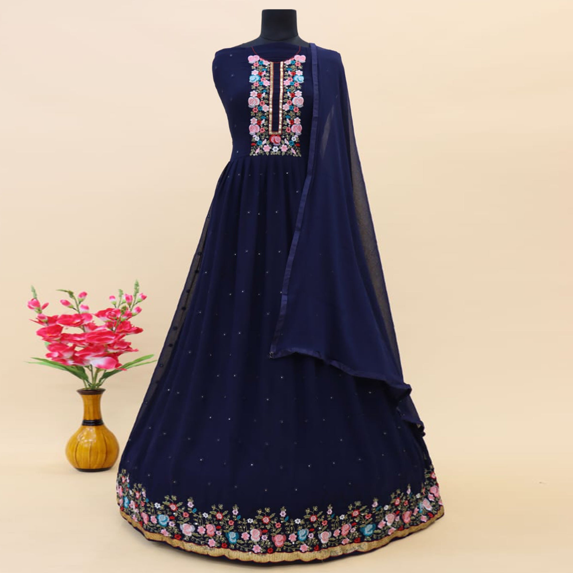 Navy Blue Embroidered Georgette Gown