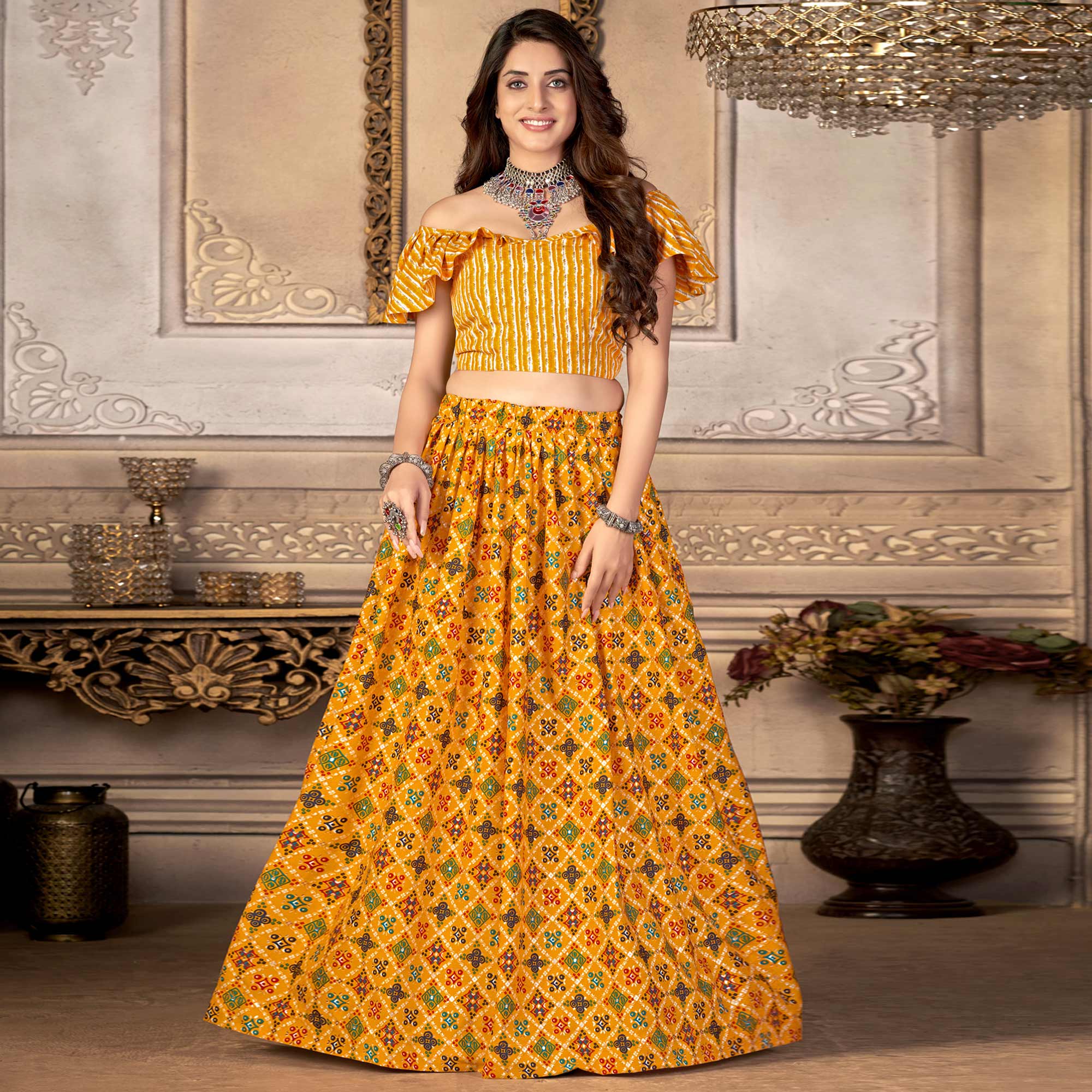 Yellow Printed Crepe Top Skirt Set