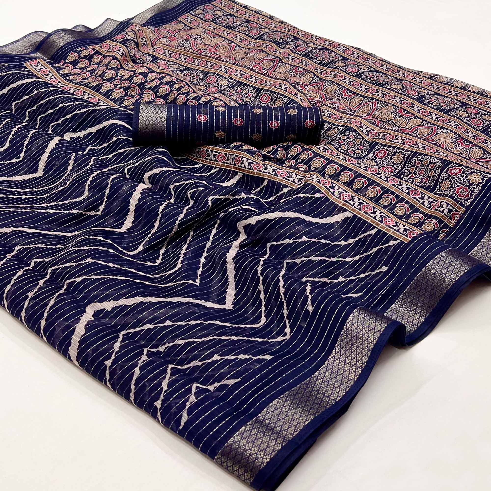 Blue Embroidered Cotton Silk Saree