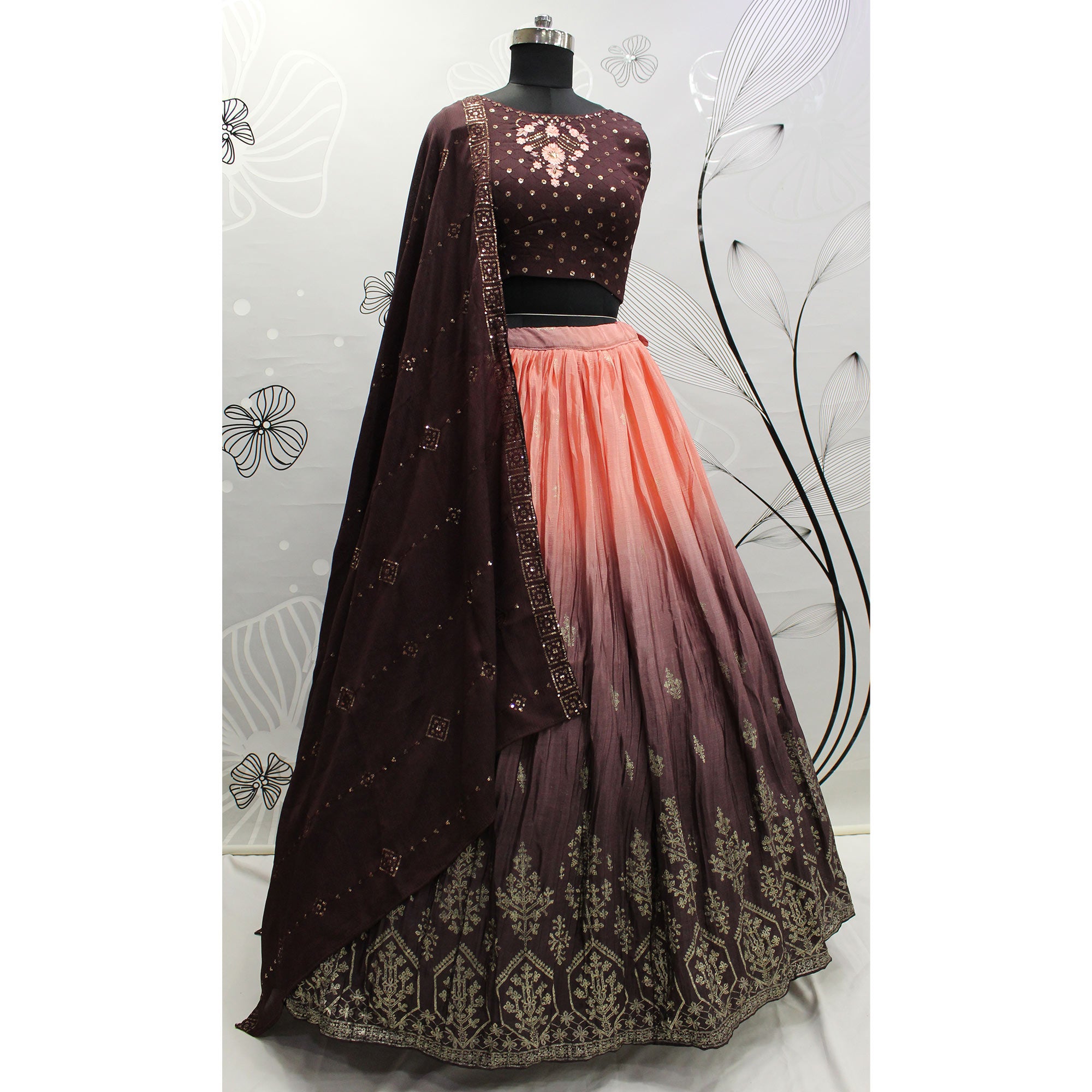 Coffee & Peach Foil Printed Chiffon Lehenga Choli