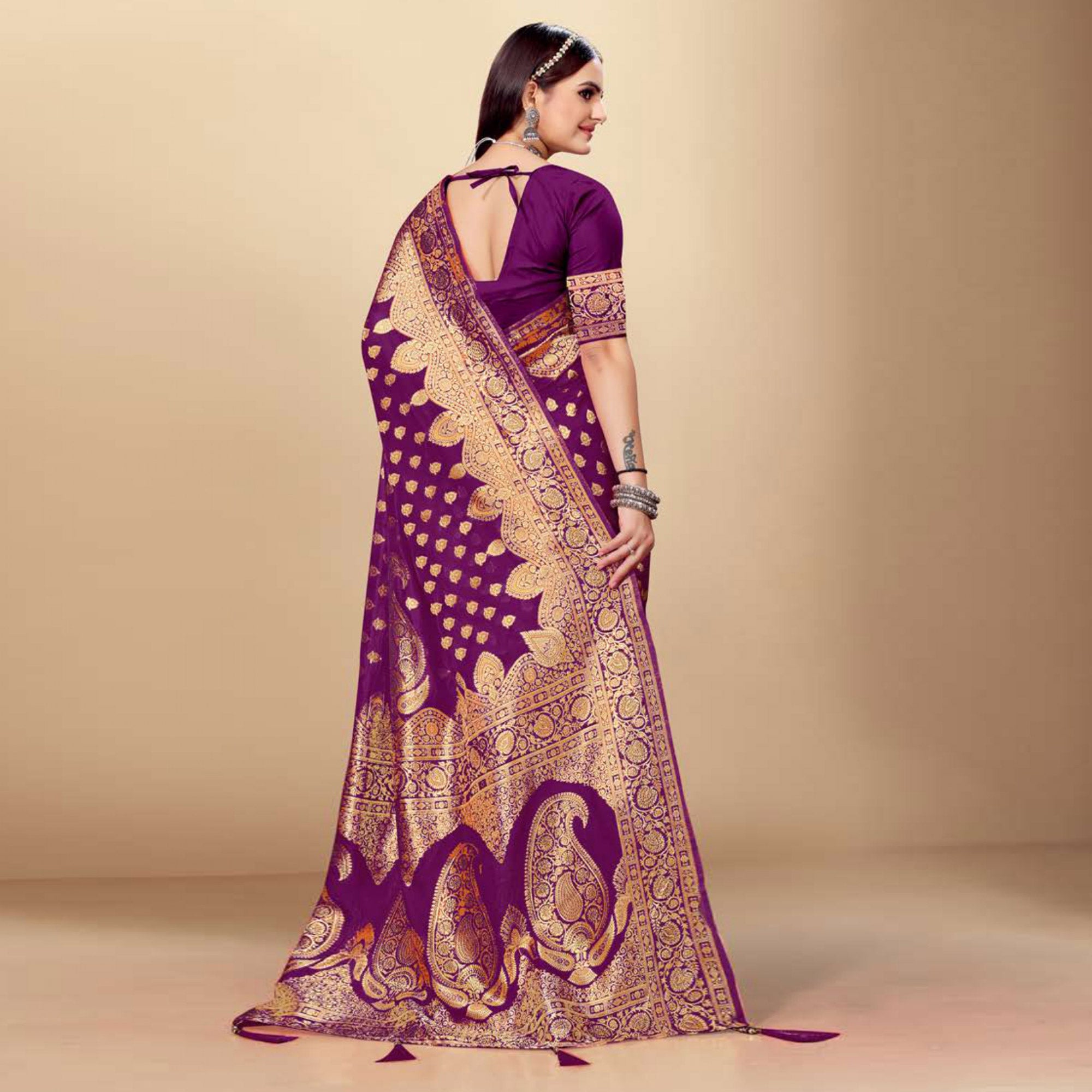 Purple Woven Art Silk Saree With Tassels