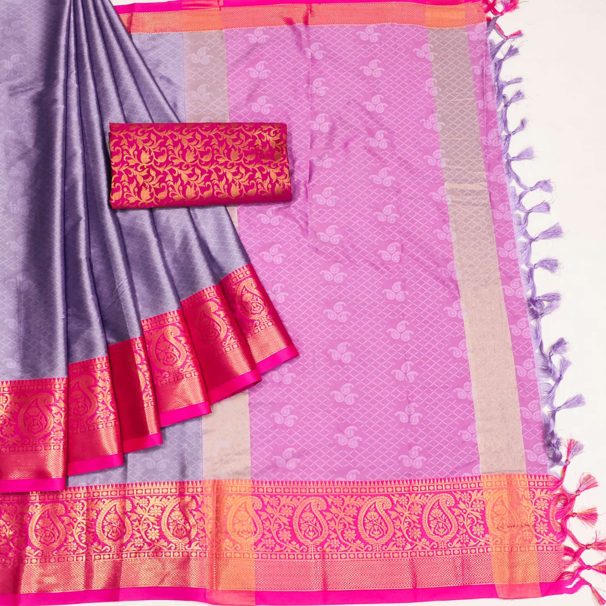 Lavender Woven Cotton Silk Saree With Tassels
