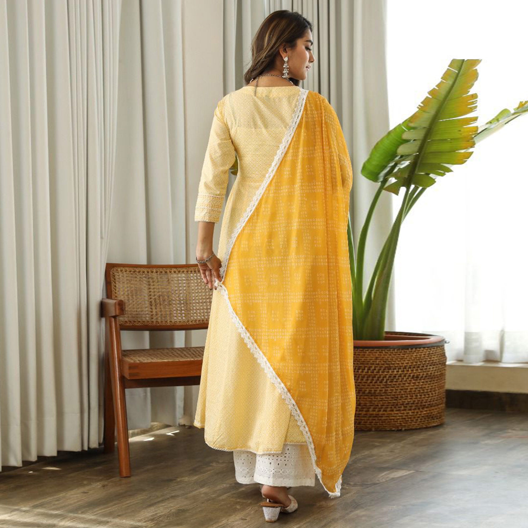 Yellow Floral Embroidered Pure Cotton Anarkali Suit