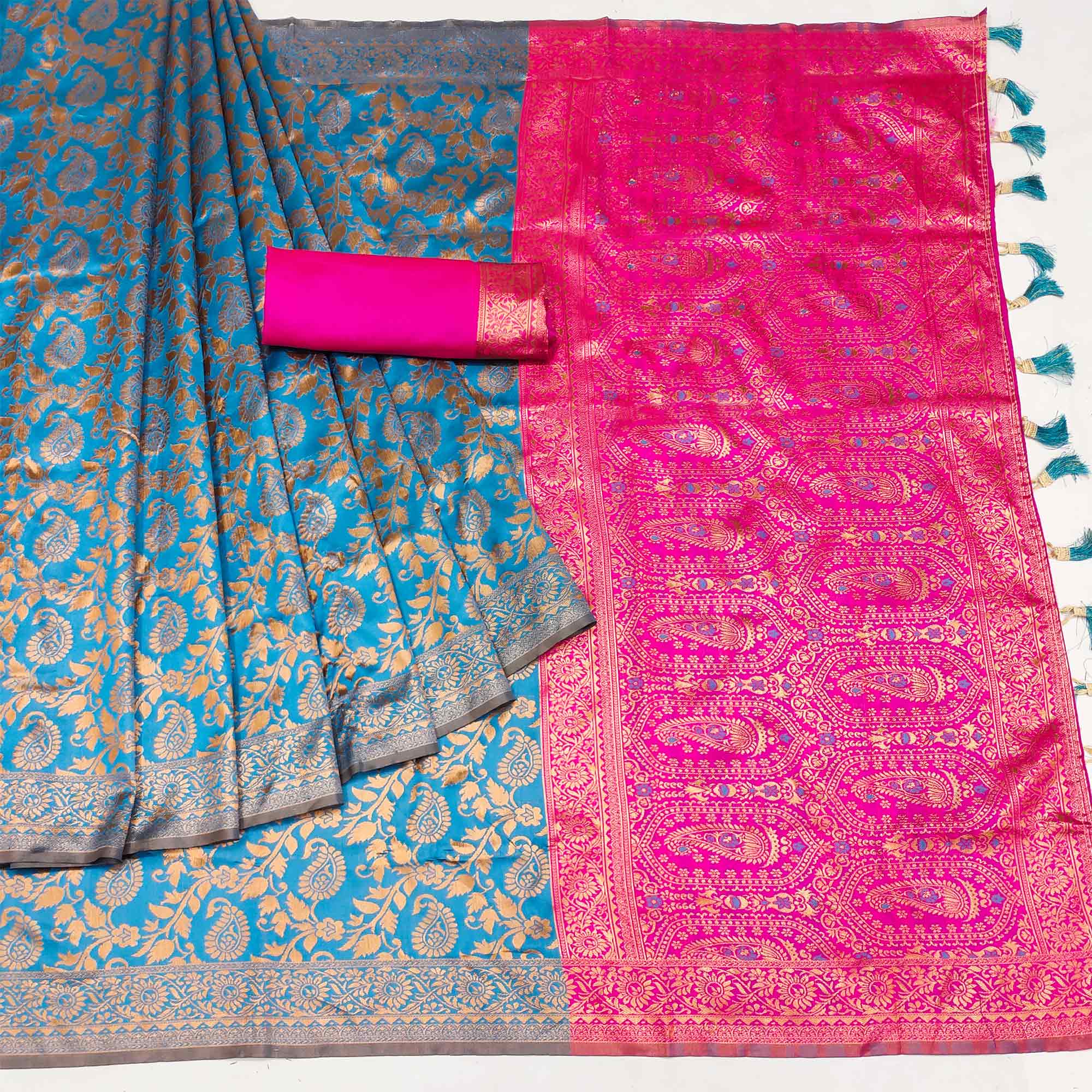 Blue Floral Woven Jacquard Saree