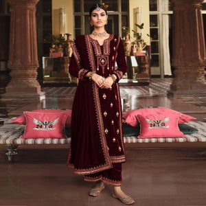 Maroon Embroidered Velvet Pakistani Suit