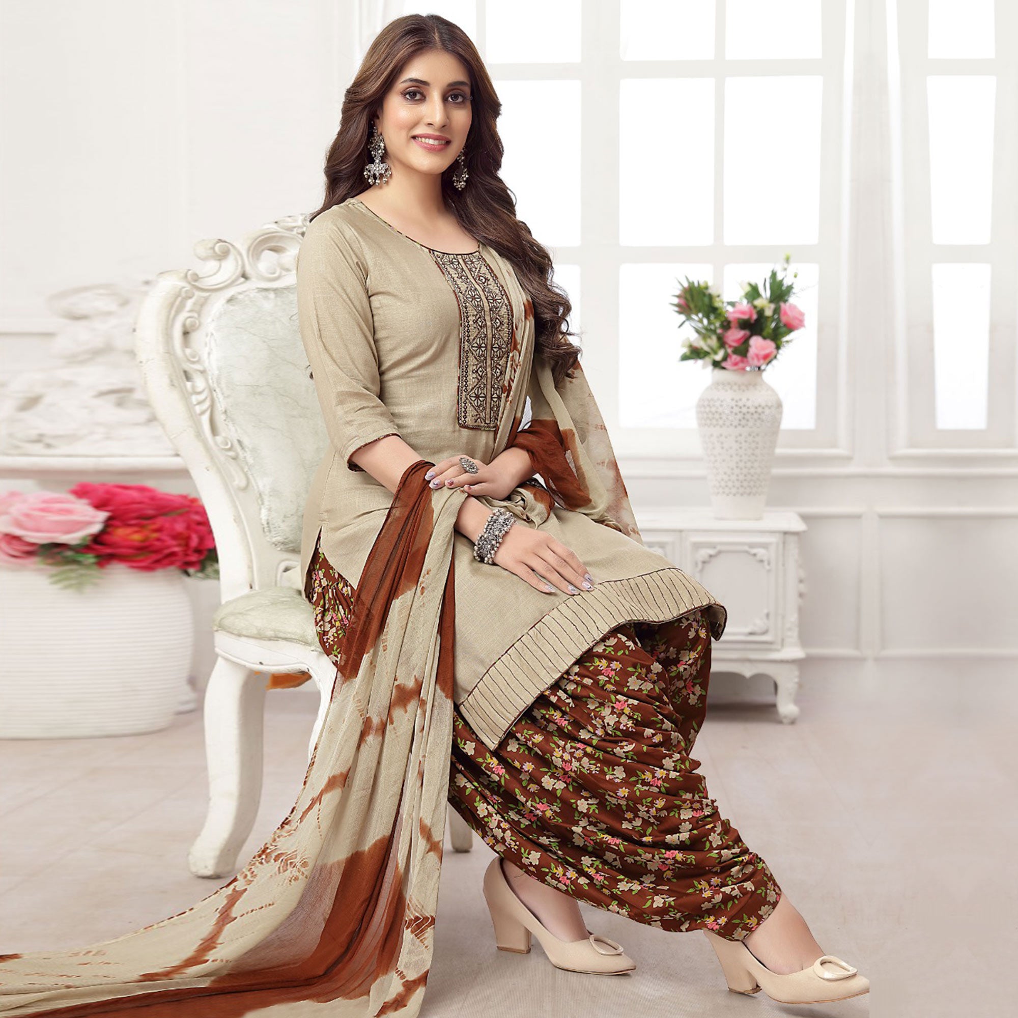 Beige Embroidered Rayon Patiala Suit