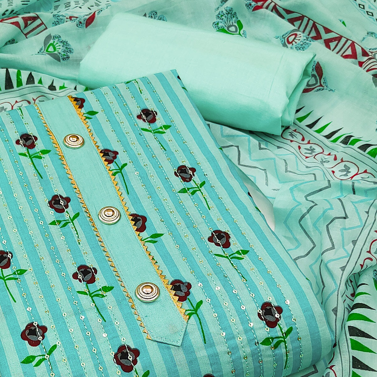Blue Printed With Sequins Embroidered Pure Cotton Dress Material