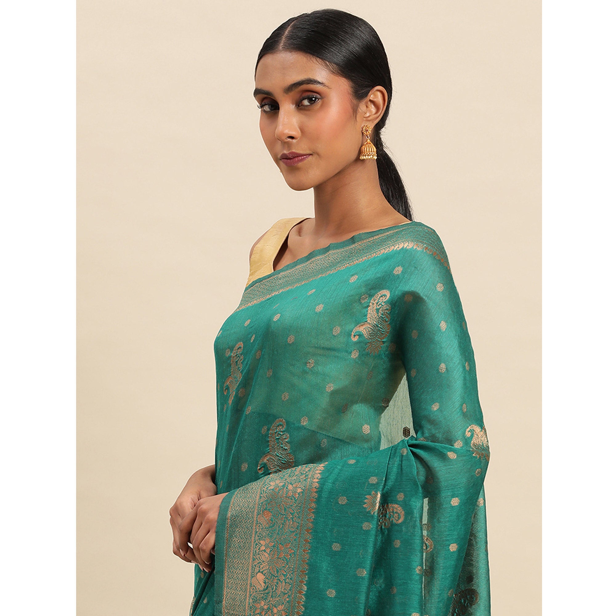 Turquoise Green Woven Organza Saree