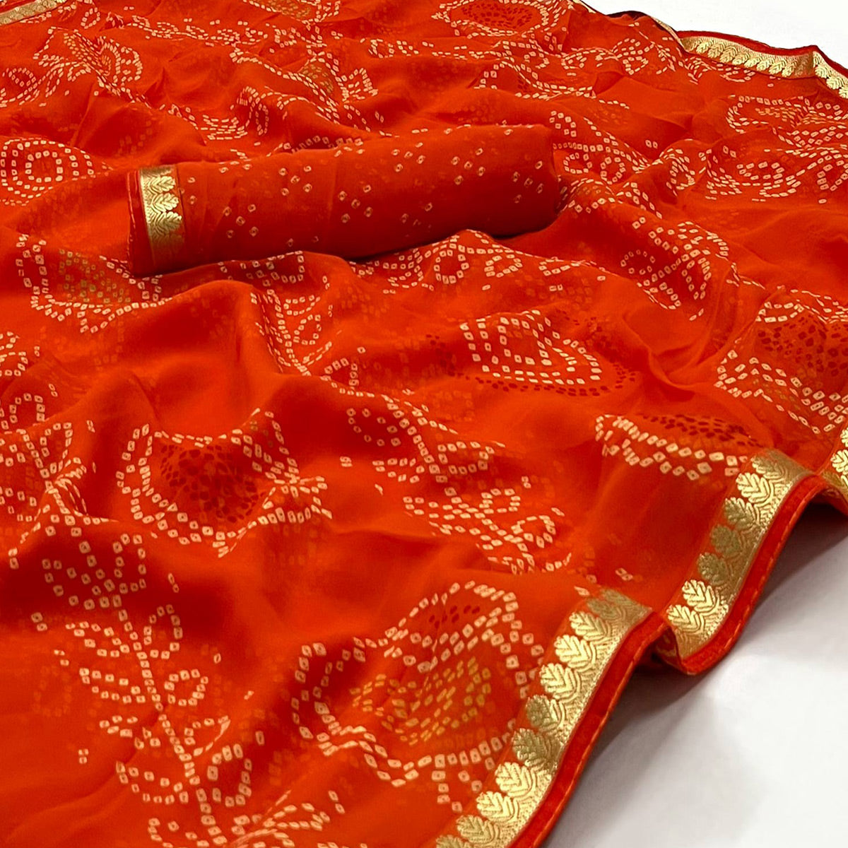 Orange Bandhani Printed Georgette Saree With Designer Border