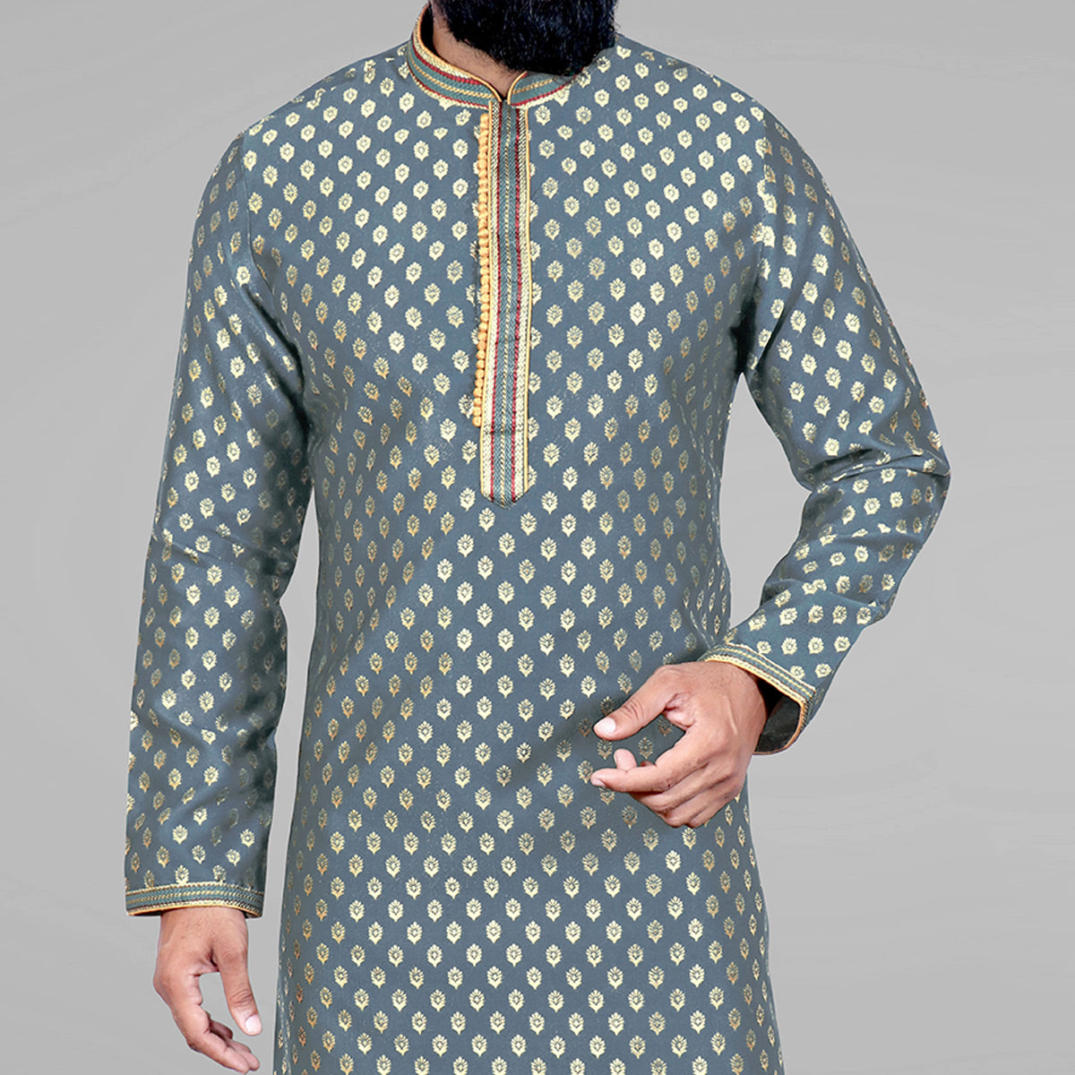 Gray Woven Jacquard Kurta Pyjama Set