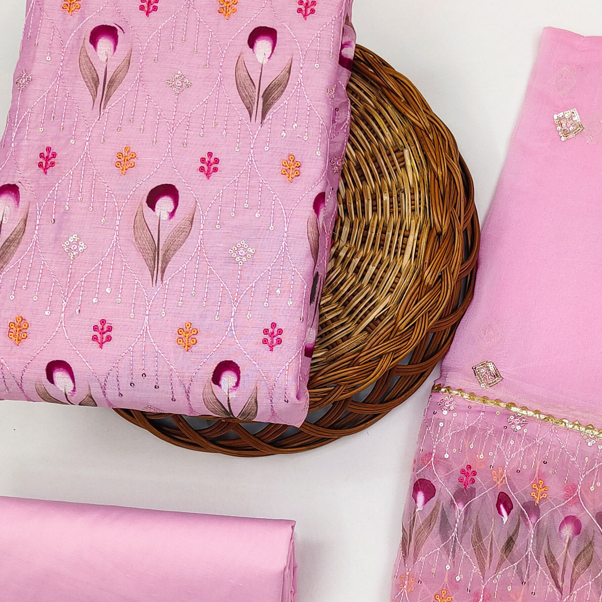 Pink Sequins Embroidered Chanderi Dress Material