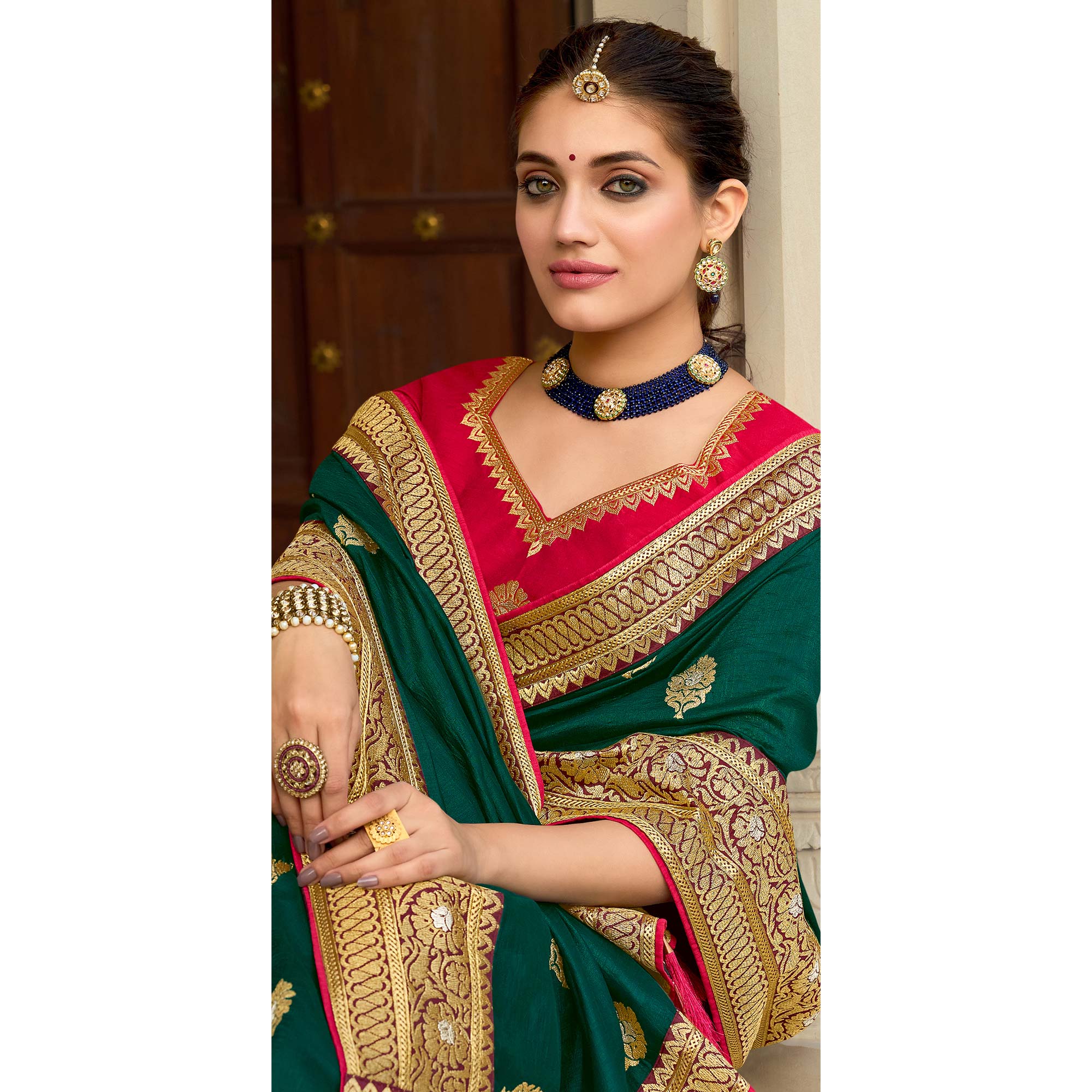 Green Embroidered Vichitra Silk Saree With With Tassels