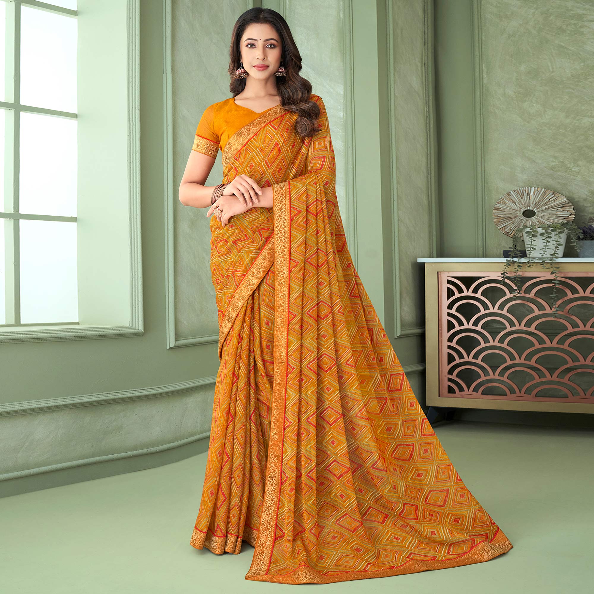 Mustard Digital Printed Chiffon Saree With Lace Border