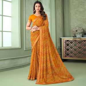 Mustard Digital Printed Chiffon Saree With Lace Border