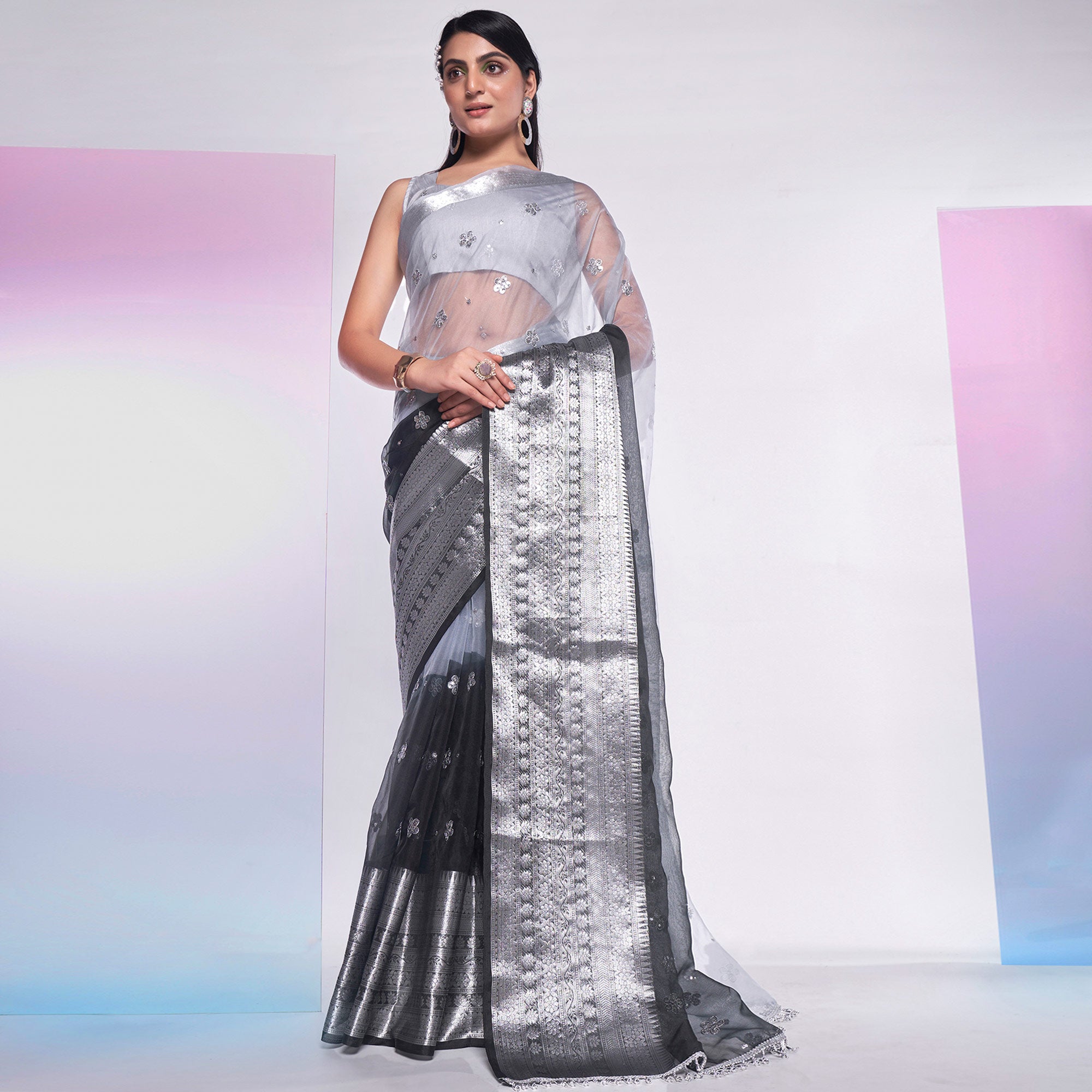 Black & Grey Sequins Embroidered Organza Saree