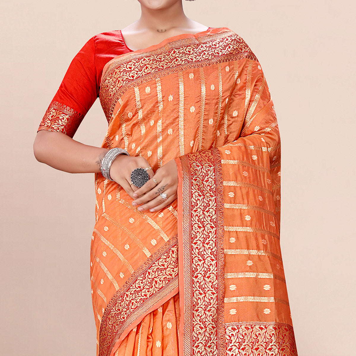 Orange Woven Organza Saree With Tassels