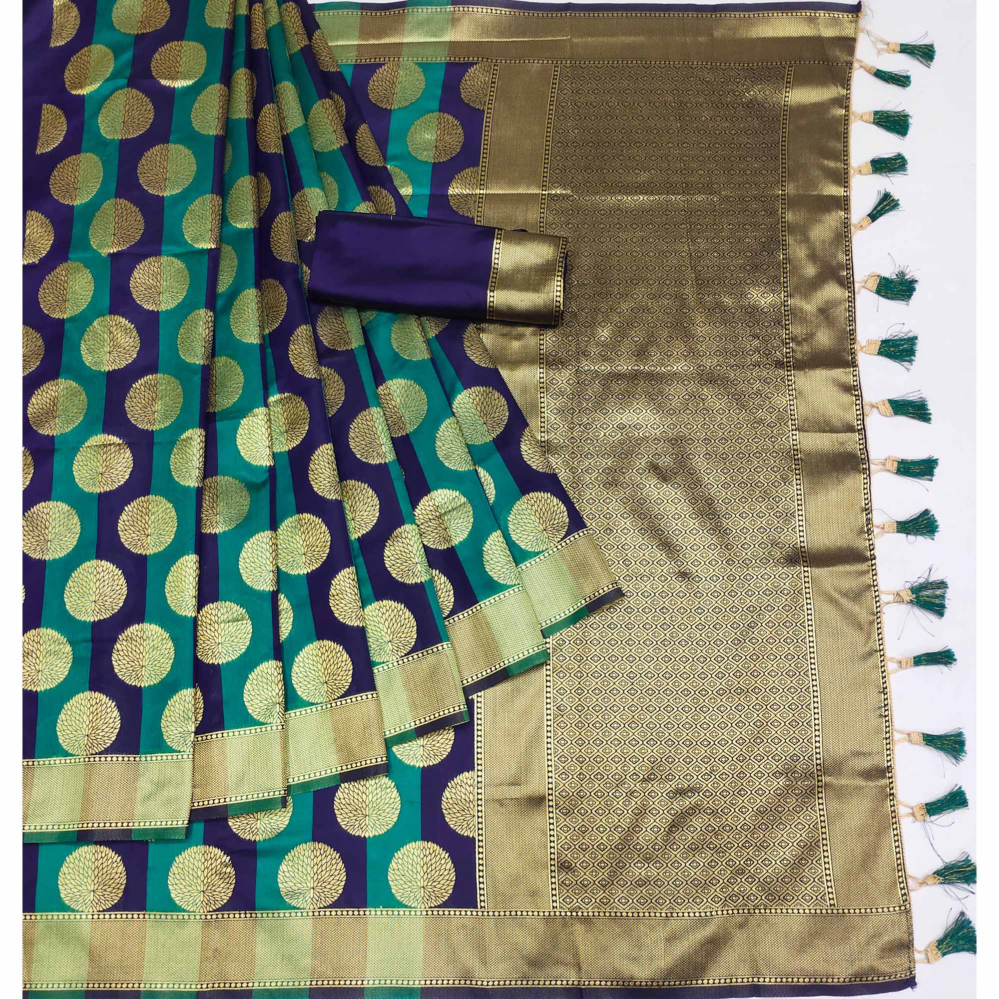 Firozi And Navy Blue Woven Jacquard Saree With Tassels