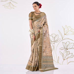Beige Printed Art Silk Saree
